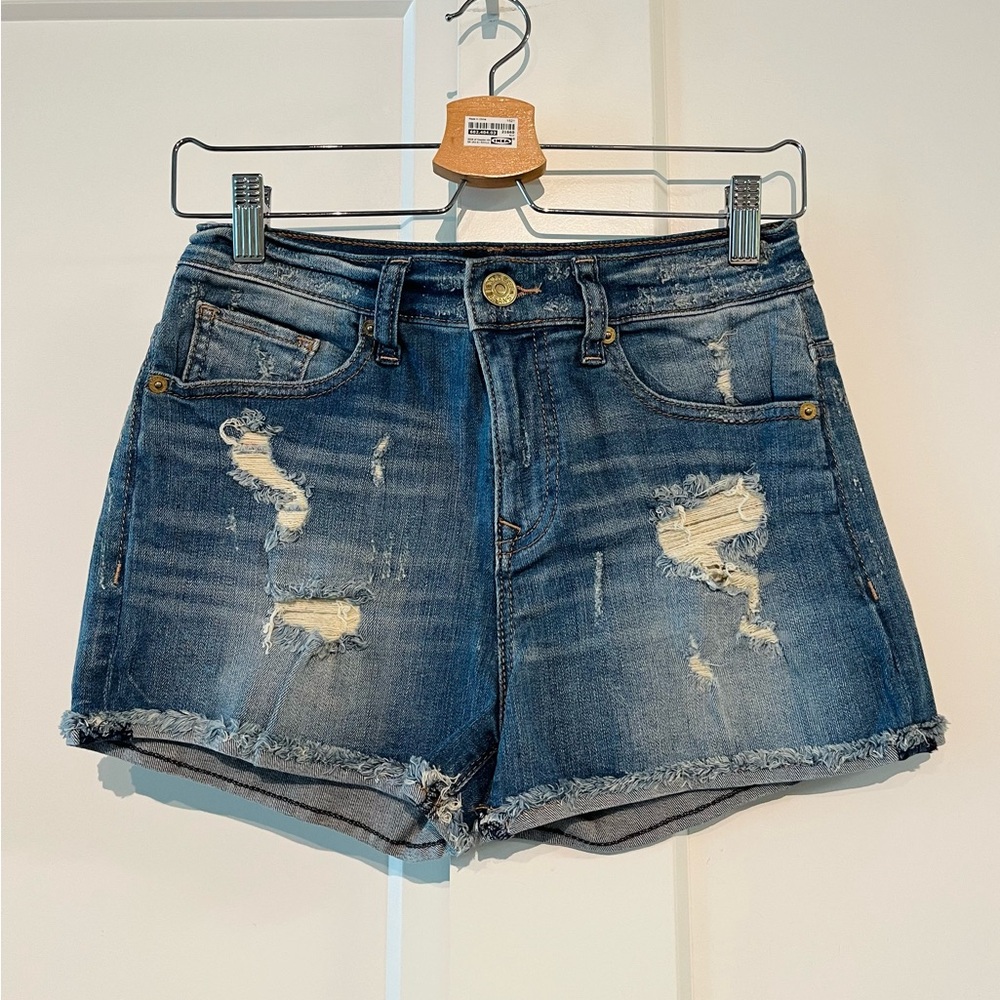 Express 2 High-Waisted Blue Jean Shorts Distressed